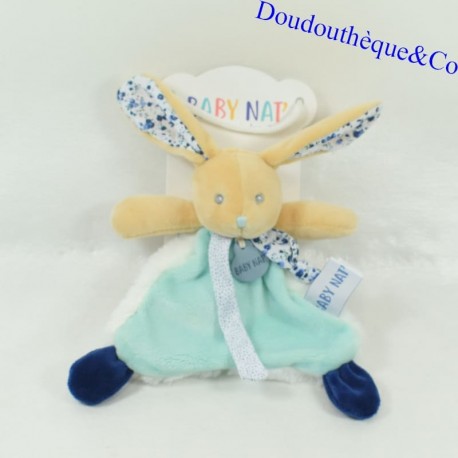 Doudou plat Lapin BABY NAT' Poupi bleu vert Aqua BN0606 20 cm NEUF