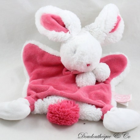 Doudou plat lapin DOUDOU ET COMPAGNIE Pompon fraise rose et blanc 28 cm