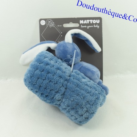 Doudou rabbit blanket NATTOU Lapidou navy blue and blue 50 cm NEW