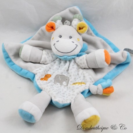 Doudou plat girafe TEX BABY Carrefour éléphant léopard lion gris foulard bleu 31 cm