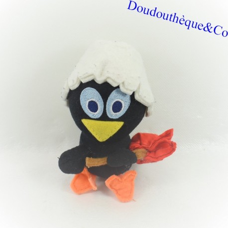 Peluche poussin Calimero noir blanc avec baluchon rouge 14 cm Peluche poussin Calimero noir blanc avec baluchon rouge 14 cm