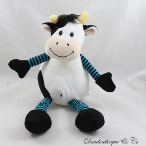 Peluche vache CARREFOUR TEX blanc noir jambes bras rayés noir bleu 29 cm