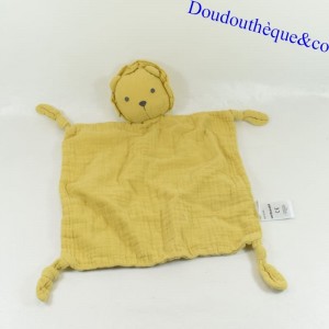 Flat cuddly toy Lion VERTBAUDET lange mustard square 4 knotted corners 36 cm