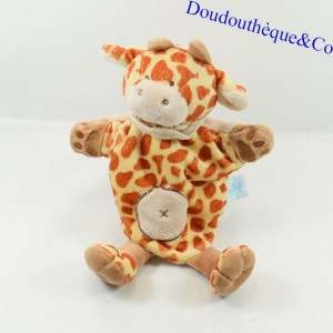 Doudou marionnette girafe BABY NAT' BN908 tâches marron bandana 31 cm