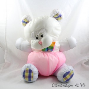 Vintage plush bear style Puffalump in pink white parachute canvas multicolored bow 43 cm