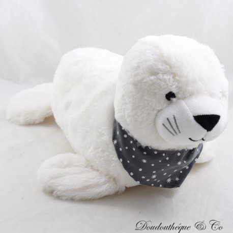 Seehund Plüsch DAMART weißes Bandana grau Tupfen weiß 39 cm Seehund Plüsch DAMART weißes Bandana grau Tupfen weiß 39 cm
