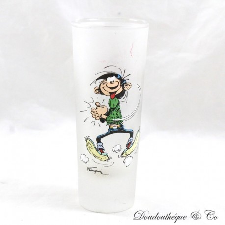 Kleines Schnapsglas Gaston Lagaffe ALLEE DER STERNE 1 Jahr mehr Franquin Marsu undurchsichtiges Röhrenglas 10 cm