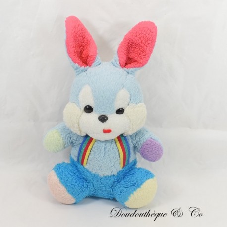 Plüschhase TEDDYBÄR blaue Riemen mehrfarbig Vintage Zunge gezogen 32 cm Plüschhase TEDDYBÄR blaue Riemen mehrfarbig Vintage Zunge gezogen 32 cm