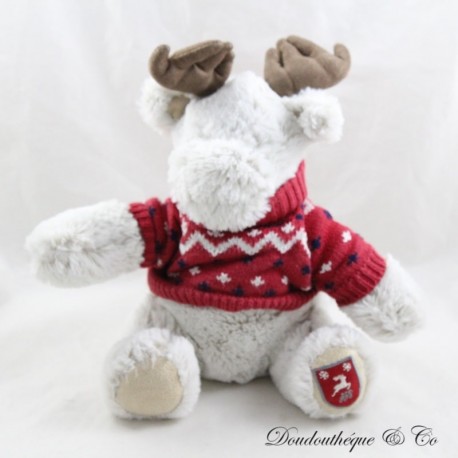 Peluche renne JACADI pull de Noël cerf caribou gris rouge marron 26 cm Peluche renne JACADI pull de Noël cerf caribou gris rouge marron 26 cm