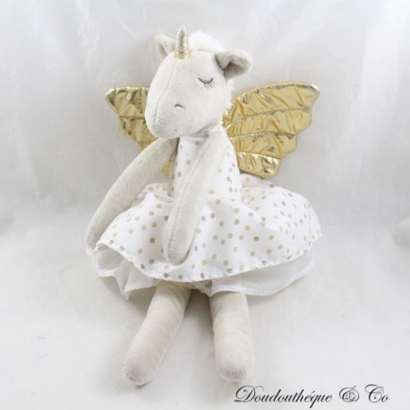 Peluche licorne ATMOSPHERA ailes dorées robe blanche pois beige 36 cm