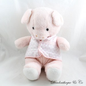 Peluche cochon AJENA vintage rose Bonjour gilet blanc pois rose 34 cm