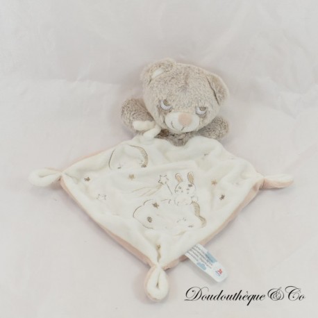 Doudou plat ours TEX BABY losange blanc beige Lapin, Nuage, Lune 32 cm
