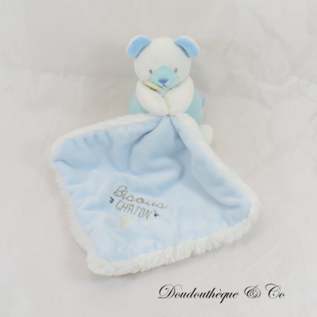 Teddy Bear Handkerchief DOUDOU ET COMPAGNIE Bisous Eskimo kitten DC3342 blue white 27 cm
