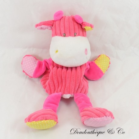 Doudou marionnette Vache BABY NAT' Les doubambins rose côtelée 34 cm