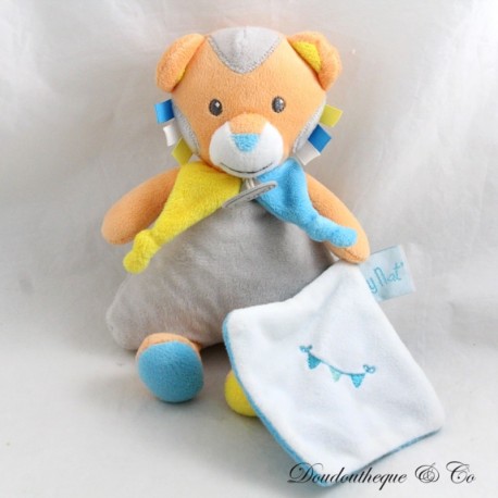 Lion handkerchief cuddly toy BABY NAT' Les copains orange gris bleu BN0233 23 cm