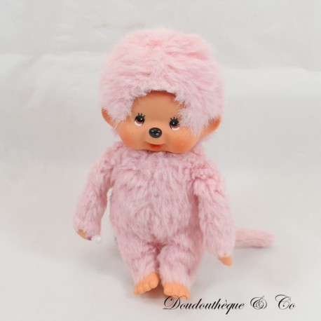 Peluche singe KIKI LE VRAI AJENA NOUNOURS Rose yeux marron vintage 1974 18 cm