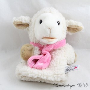 Doudou marionnette mouton LOVY PELUCHES écharpe rose