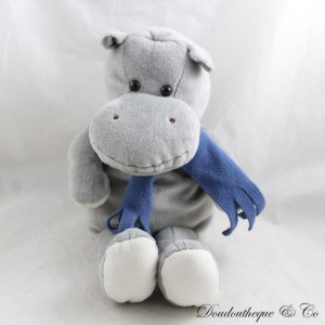 Doudou marionnette hippopotame BAMBIA gris écharpe bleu Lidl 36 cm