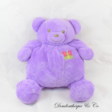 Peluche ours NOUNOURS violet brodé papillon rose vert Vintage 30 cm