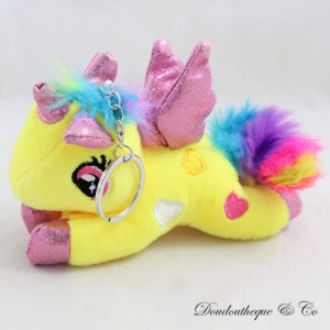 Llavero de peluche unicornio amarillo alas brillantes corazones bordados 14 cm