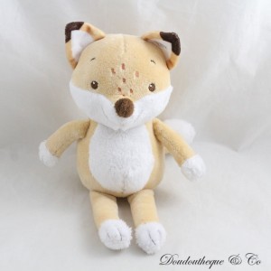 Peluche renard orange et blanc avec broderies orange sur la tête 25 cm