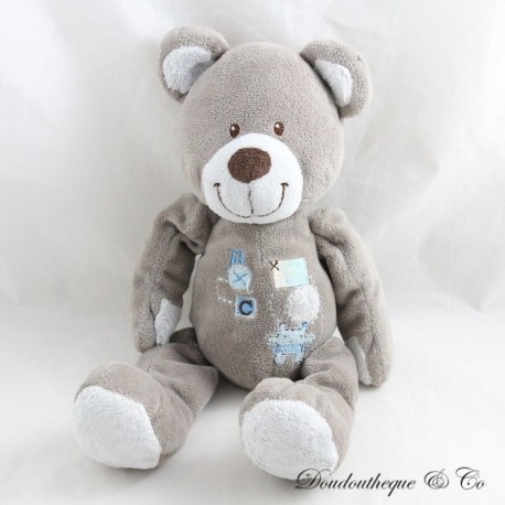 Peluche ours NICOTOY gris broderies bleu sur le ventre 27 cm