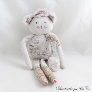 Cat cuddly toy MOULIN ROTY Les Pachats grey pink bell 24 cm