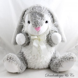 Grey white bunny plush with white satin bow 40 cm