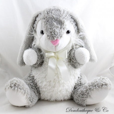 Peluche coniglietto bianco grigio con fiocco in raso bianco 40 cm