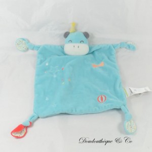 Doudou plat Hippopotame VERTBAUDET Bleu Cirque Ballon Noeud Etoile 30 cm