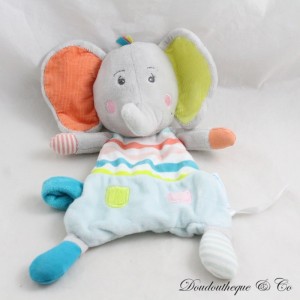 Elidou Elephant Flat Cuddly Toy, Bébé Confort Pacifier Clip, Grey Green Orange 27 cm