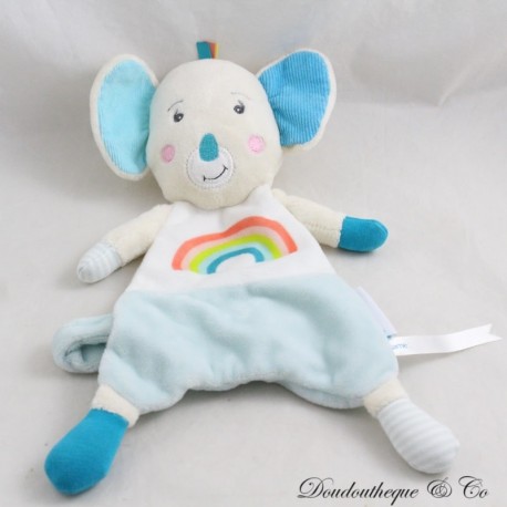 Flaches Kuscheltier Sasha Koala Bébé Confort Schnullerklammer grau blau regenbogen 27 cm