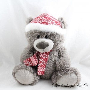 Stuffed Bear FIZZY Grey Hat and Red Scarf