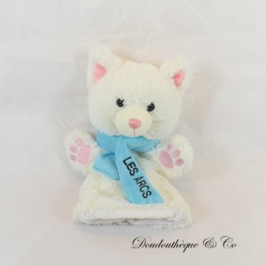 Cuddly toy puppet cat CMP White scarf Blue "Les Arcs" 26 cm