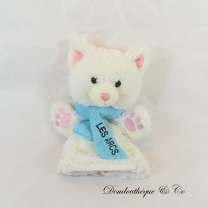 Doudou marionnette chat CMP Blanc écharpe Bleue "Les Arcs"  26 cm