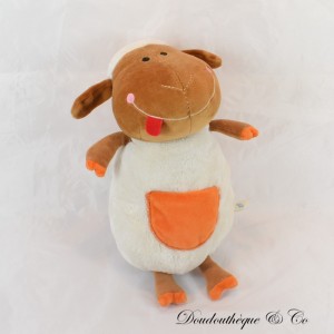Peluche mouton BABY BIDOU blanc marron poche orange 30 cm