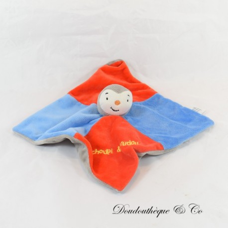 Doudou plat T'choupi BENGY marionnette rouge bleu carré 2008 27 cm