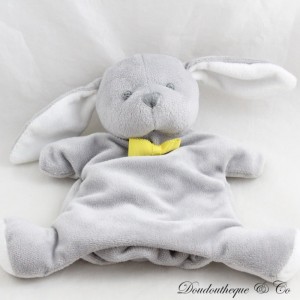 Peluche burattino coniglio JACADI fiocco grigio giallo carta accartocciata 20 cm