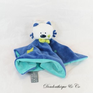 Doudou plat chat ORCHESTRA bleu et blanc étoiles, joue et noeud vert  27 cm NEUF