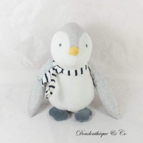 Pingüino de felpa OBAIBI pañuelo a rayas gris y blanco 20 cm