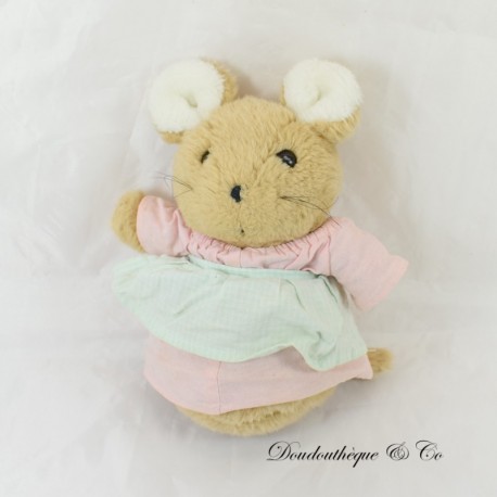 Plüschbecher Maus JACADI Kleid rosa grün Schürze vintage 25 cm Plüschbecher Maus JACADI Kleid rosa grün Schürze vintage 25 cm