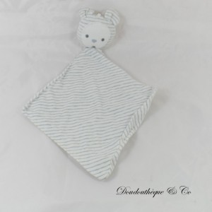 Doudou plat ours OBAIBI OKAIDI rayé blanc et gris 30 cm