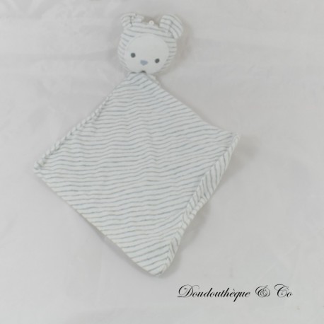 Doudou plat ours OBAIBI OKAIDI rayé blanc et gris 30 cm