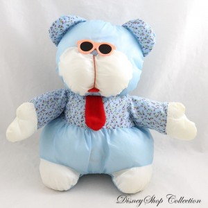 Vintage plush bear style Puffalump in blue parachute canvas red tie and goggles 26 cm
