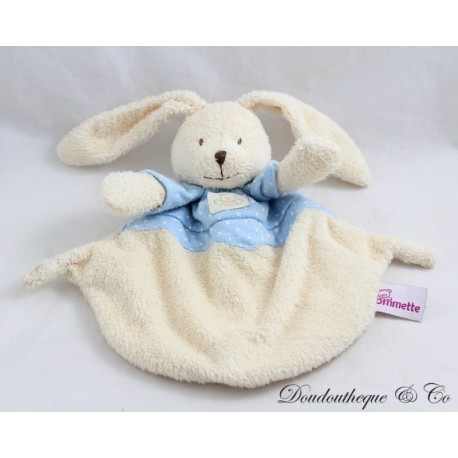 Doudou plat lapin POMMETTE beige bleu demi grelot 20 cm