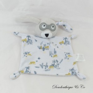 Doudou plat lapin IKKS BERDOUES savane tigre masque gris blanc jaune 21 cm