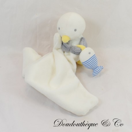 Blanket handkerchief seagull and fish JACADI grey white and blue 35 CM