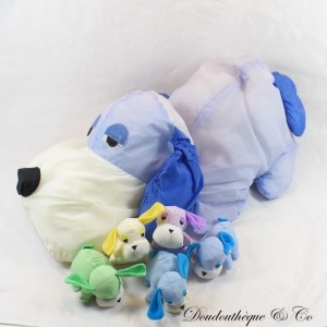Plüsch Hund Stil Puffallump Fallschirm Leinwand Mama und ihre 5 Baby Welpen Vintage 55 cm