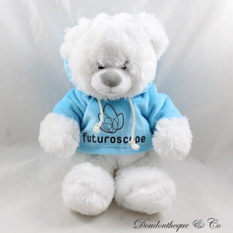 Peluche ours FUTUROSCOPE Parc d'attraction ours blanc sweat bleu assis 31 cm