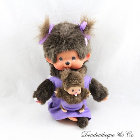 Stuffed Monkey Kiki SEKIGUCHI Monchhichi Girl with Baby Purple Dress 20 cm